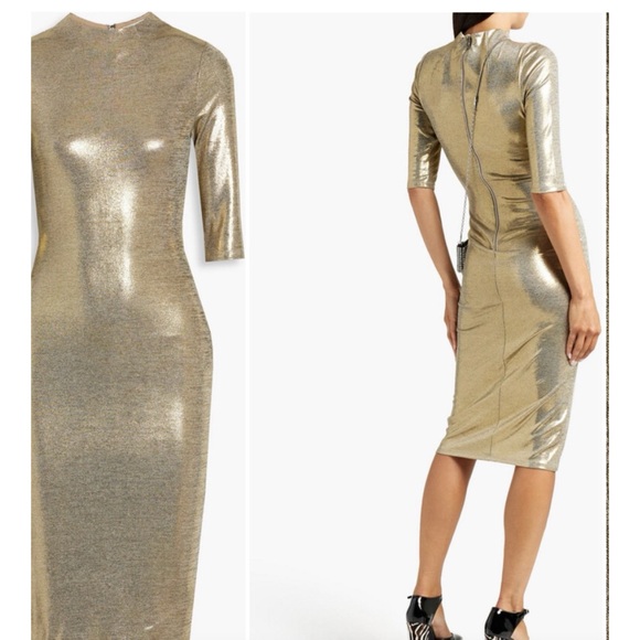 Alice + Olivia Delora Mock Neck Gold Fitted Midi Dress Size 4 Like New - Picture 2 of 14